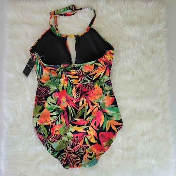 NWT Ralph Lauren Keyhole Halter Leaf Print One Piece Swimsuit Size 16 - Picture 4 of 12